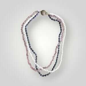 VTG Sterling Silver 925 Multi Strand Gemstone Necklace 16 inch Marcasite Clasp